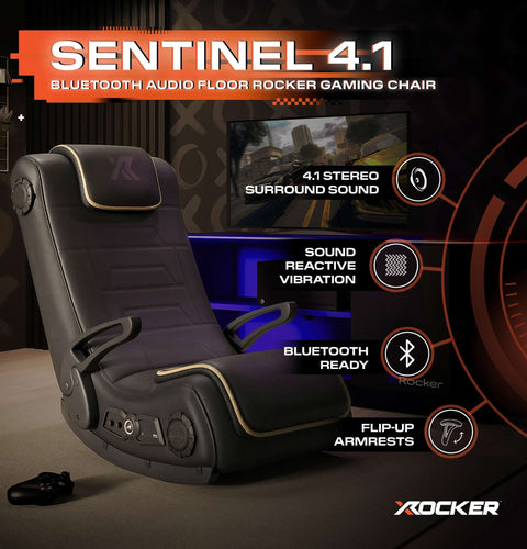 Gaming chair with features highlighted, including Bluetooth audio and surround sound, on a dark background.