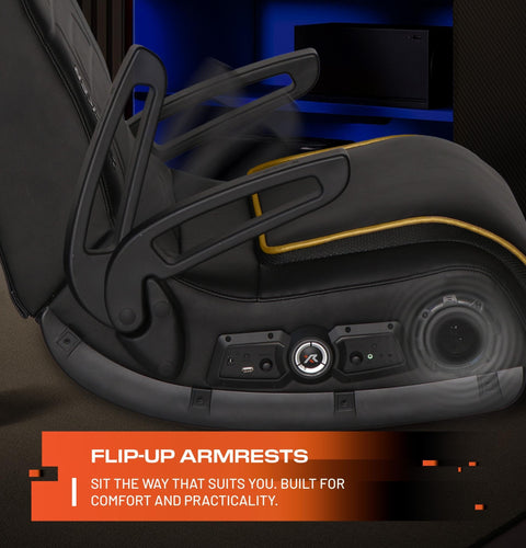 Black gaming chair with flip-up armrests and text highlighting comfort and practicality.