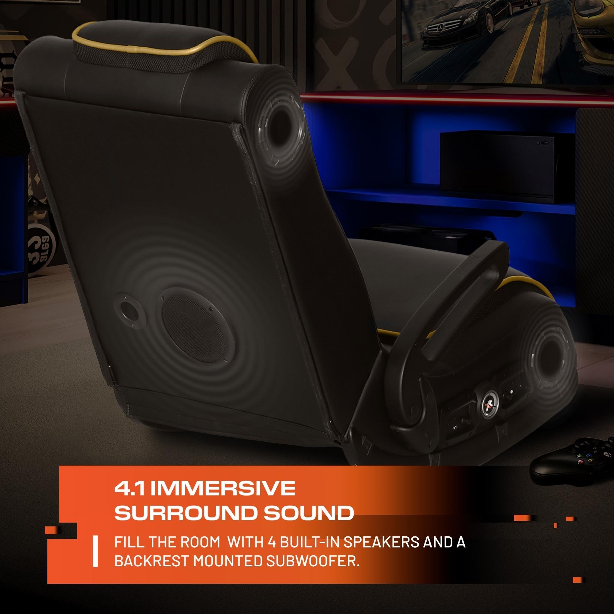 Black gaming chair with built-in speakers in a room setting
