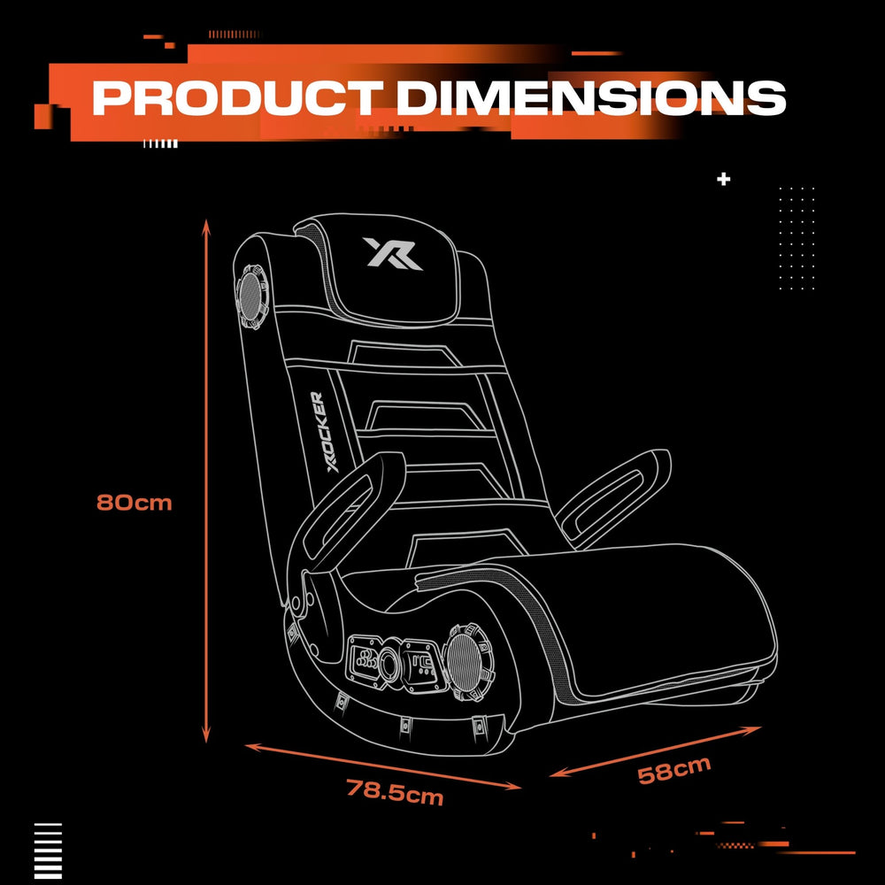 Racing chair with dimensions on a black background