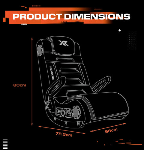 Racing chair with dimensions on a black background