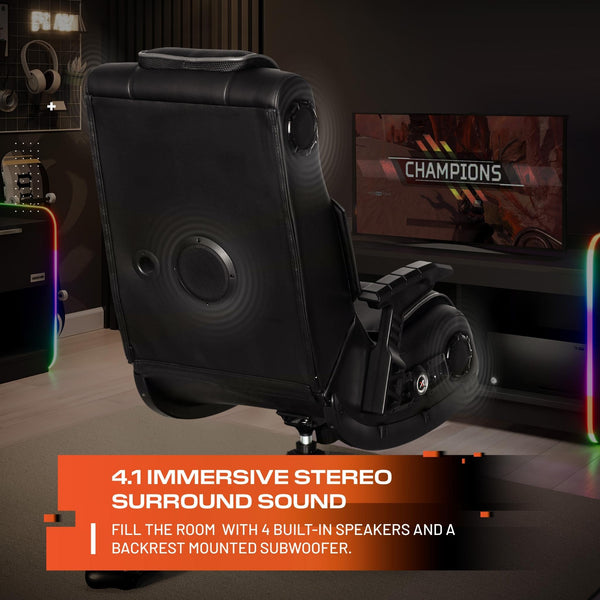 Gaming chair with built-in speakers and subwoofer in a room setup.