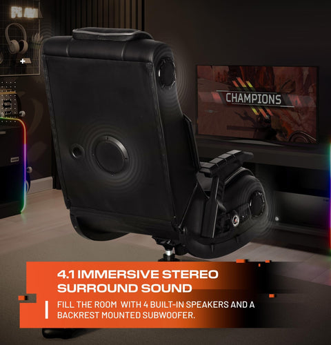Gaming chair with built-in speakers and subwoofer in a room setup.