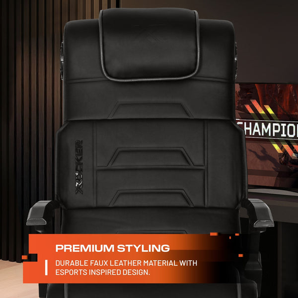 Black gaming chair with text highlighting premium styling and durable material