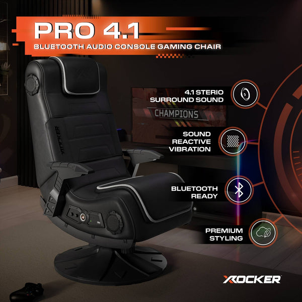 Gaming chair with Bluetooth audio console features and X rocker branding.
