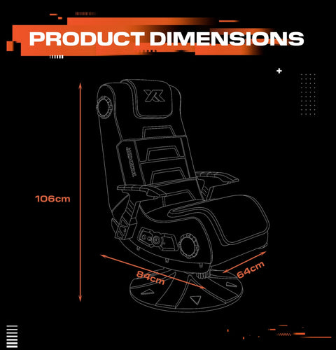 Gaming chair with dimensions labeled on a black background