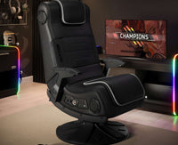 Gaming chair in a room with a monitor displaying 'Champions' and RGB lighting.