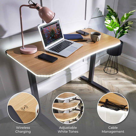 Oka Office Desk with LED Lights & Wireless Charging - Oak Effect