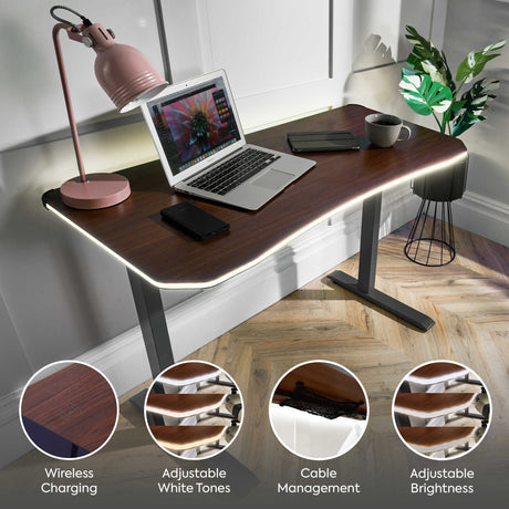 Oka LED Office Desk with Wireless Charging - Walnut Effect (2 Sizes)
