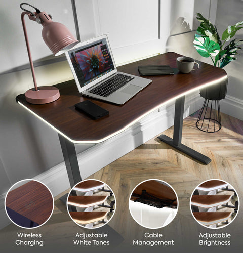 Oka LED Office Desk with Wireless Charging - Walnut Effect (2 Sizes)