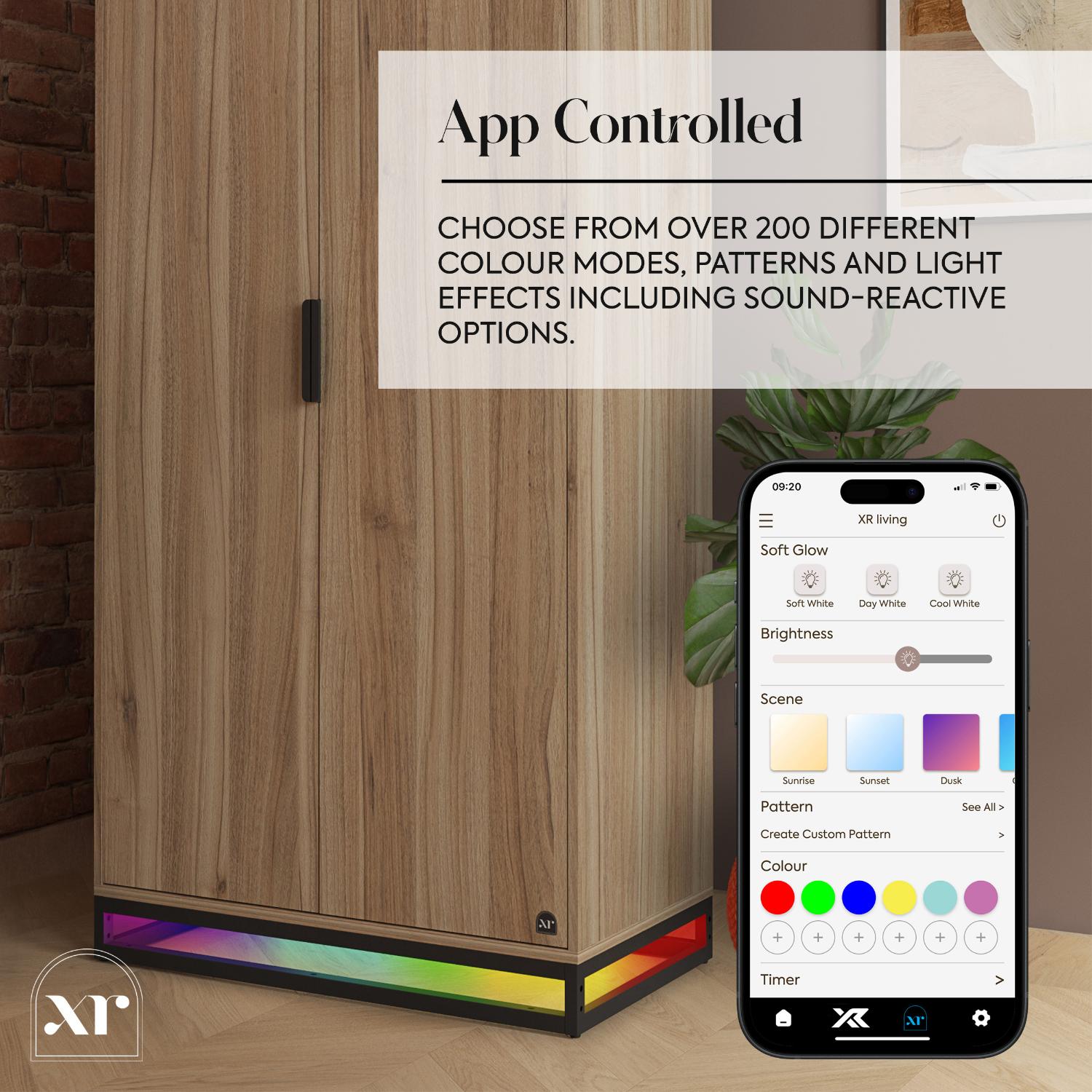Wooden cabinet with app-controlled lighting effects displayed on a smartphone screen.