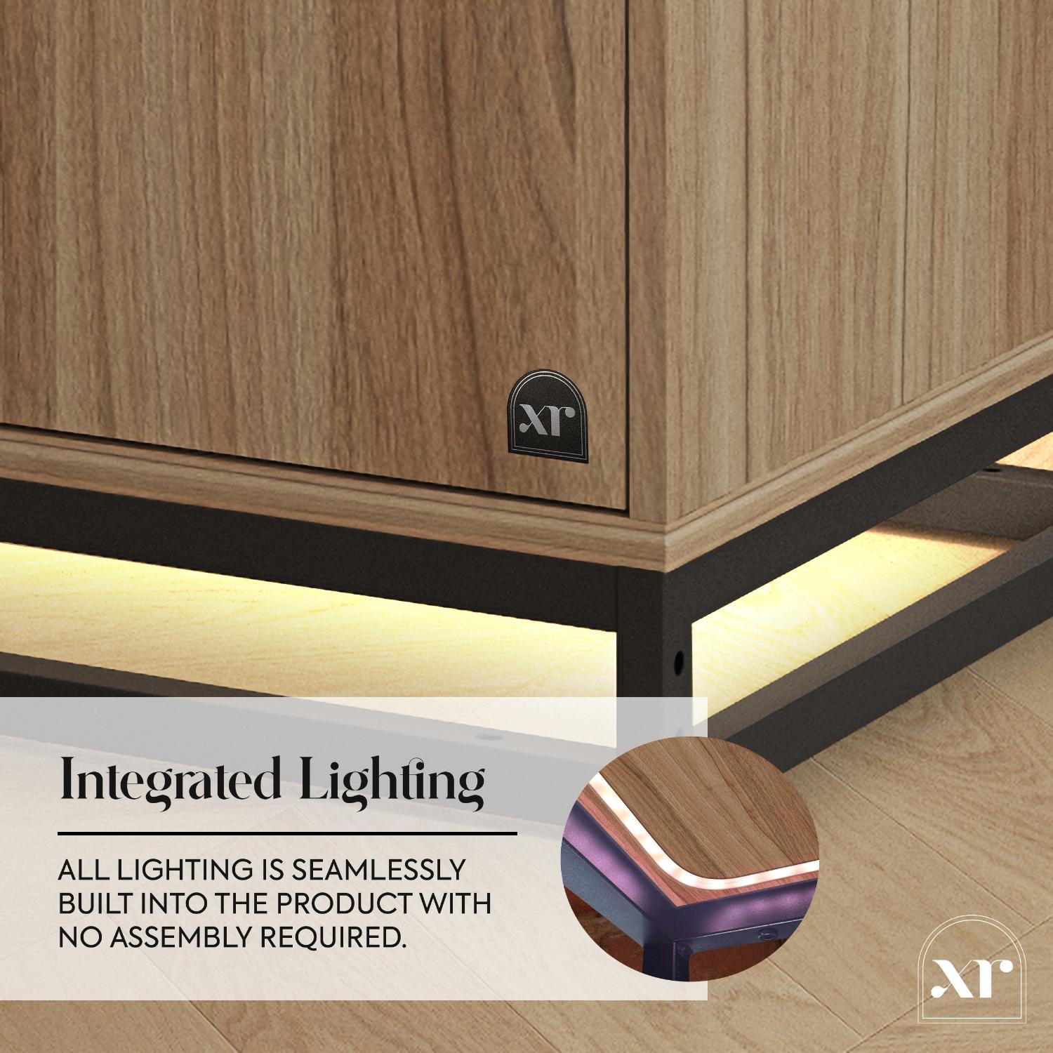 Wooden furniture with integrated lighting feature, showcasing a brand logo.