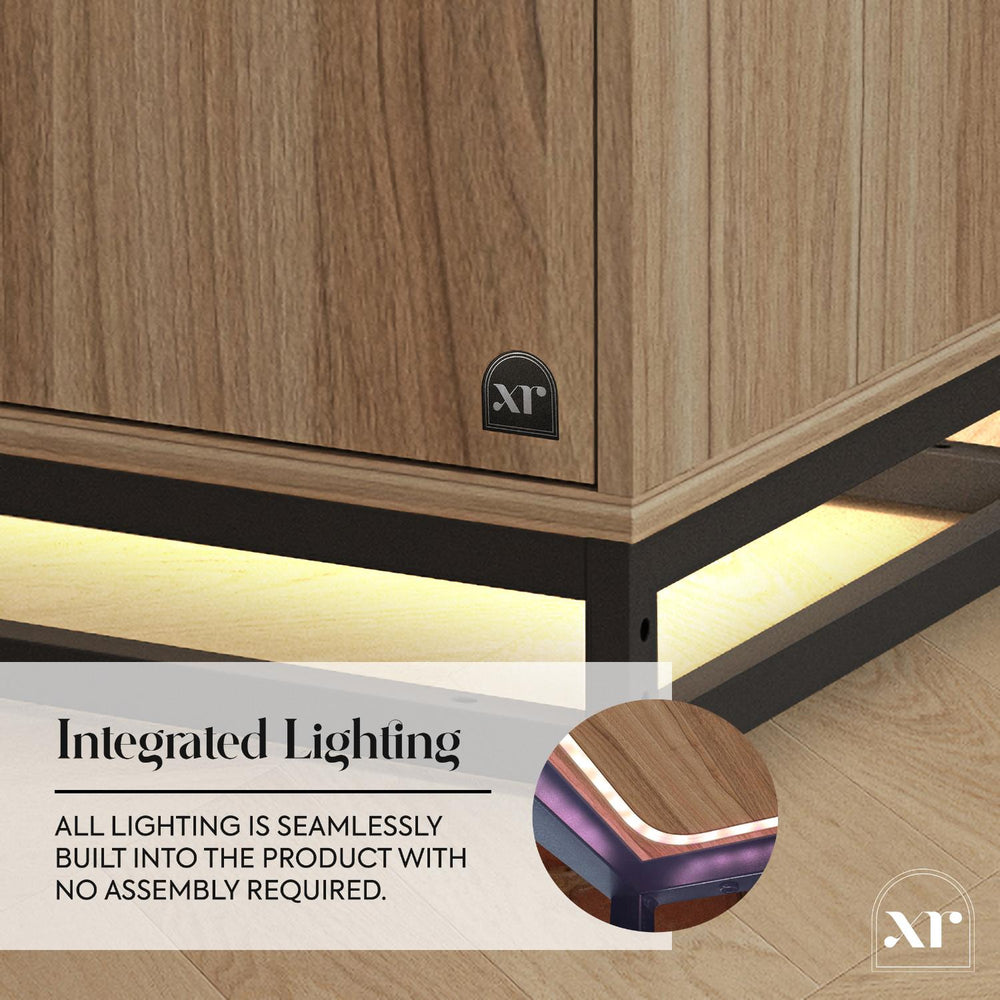 Wooden furniture with integrated lighting feature, showcasing a brand logo.