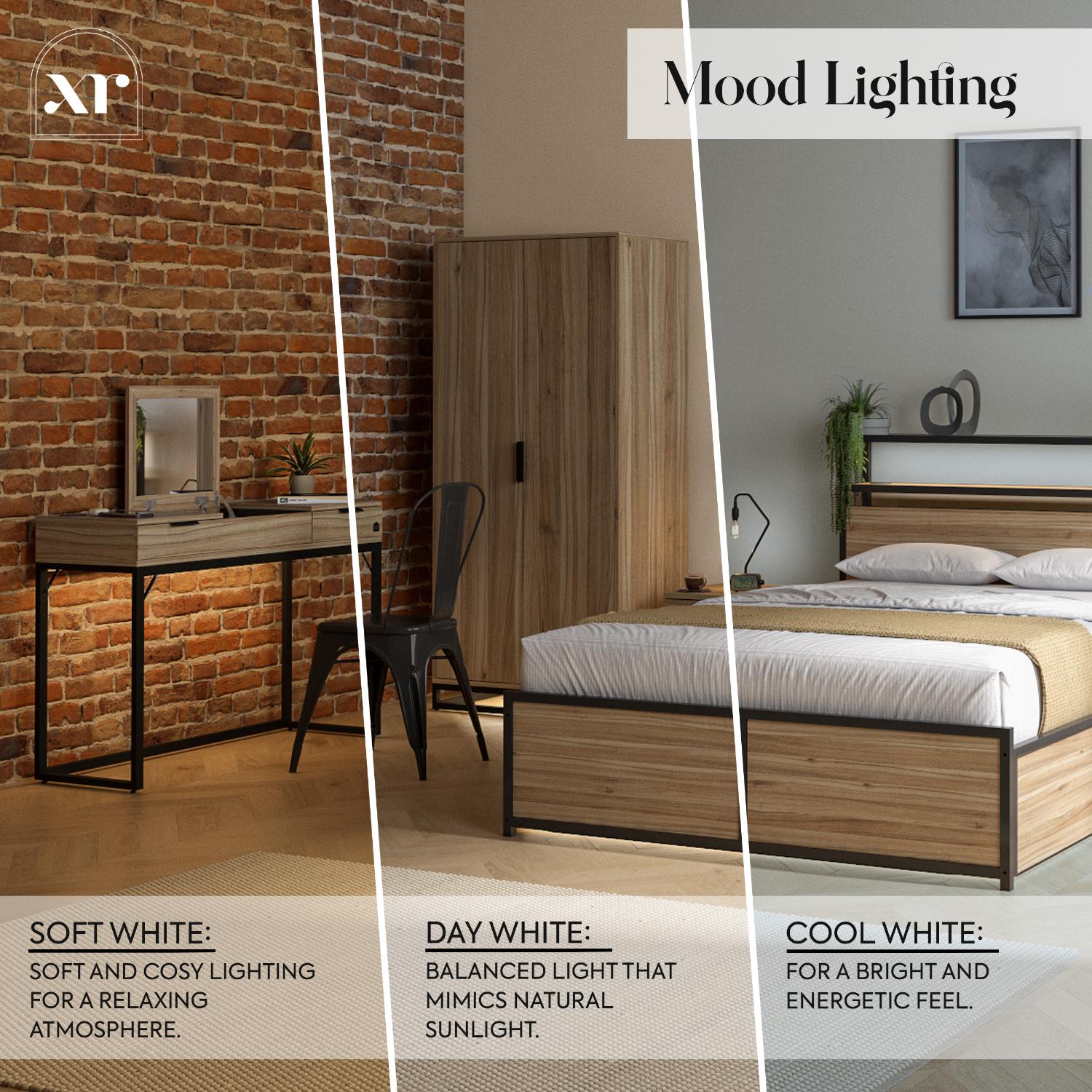 Mood lighting effects on a bedroom setting with different colored lights.