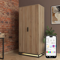 Wooden wardrobe with smartphone app interface on a modern interior background