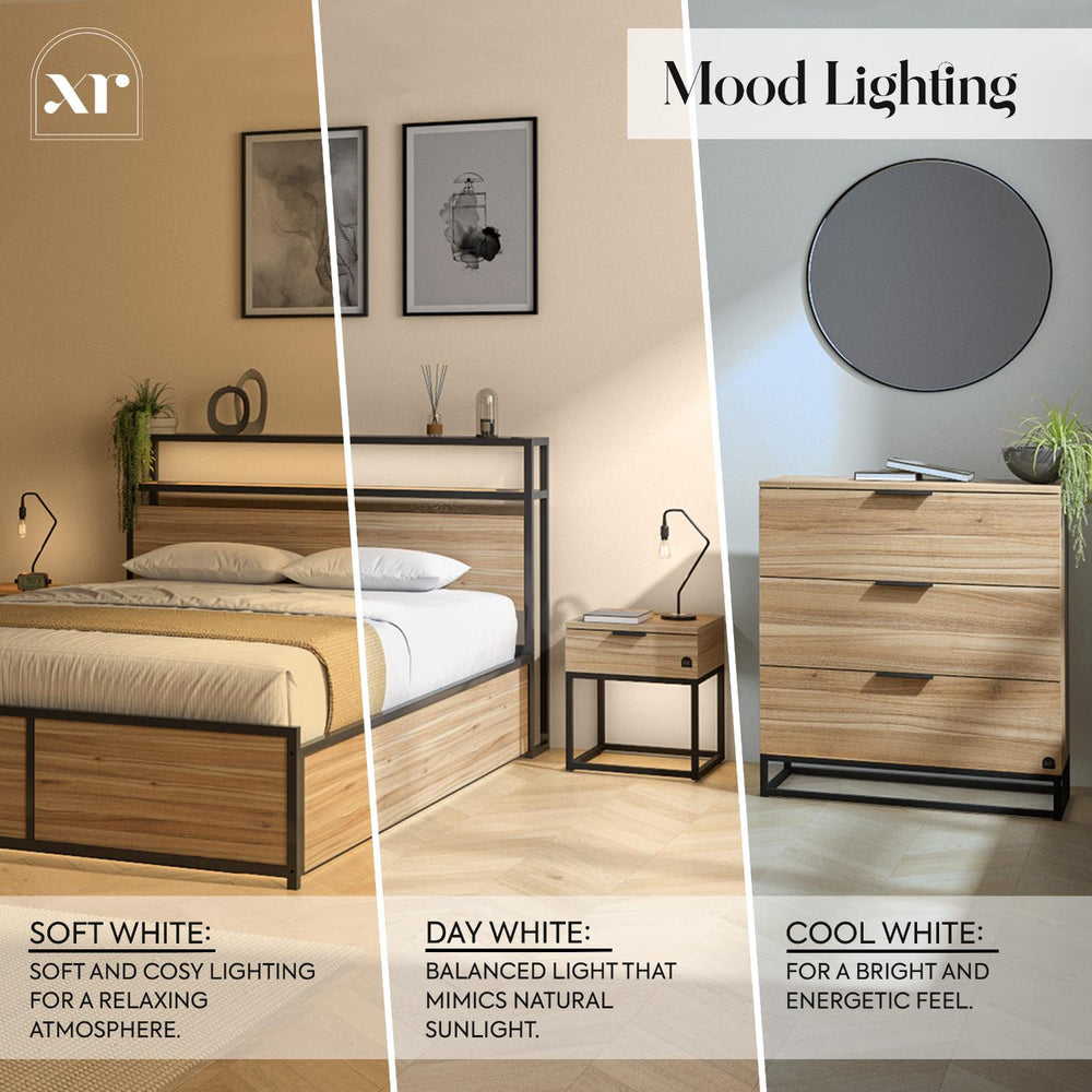 Bedroom setting with wooden furniture and mood lighting options displayed.
