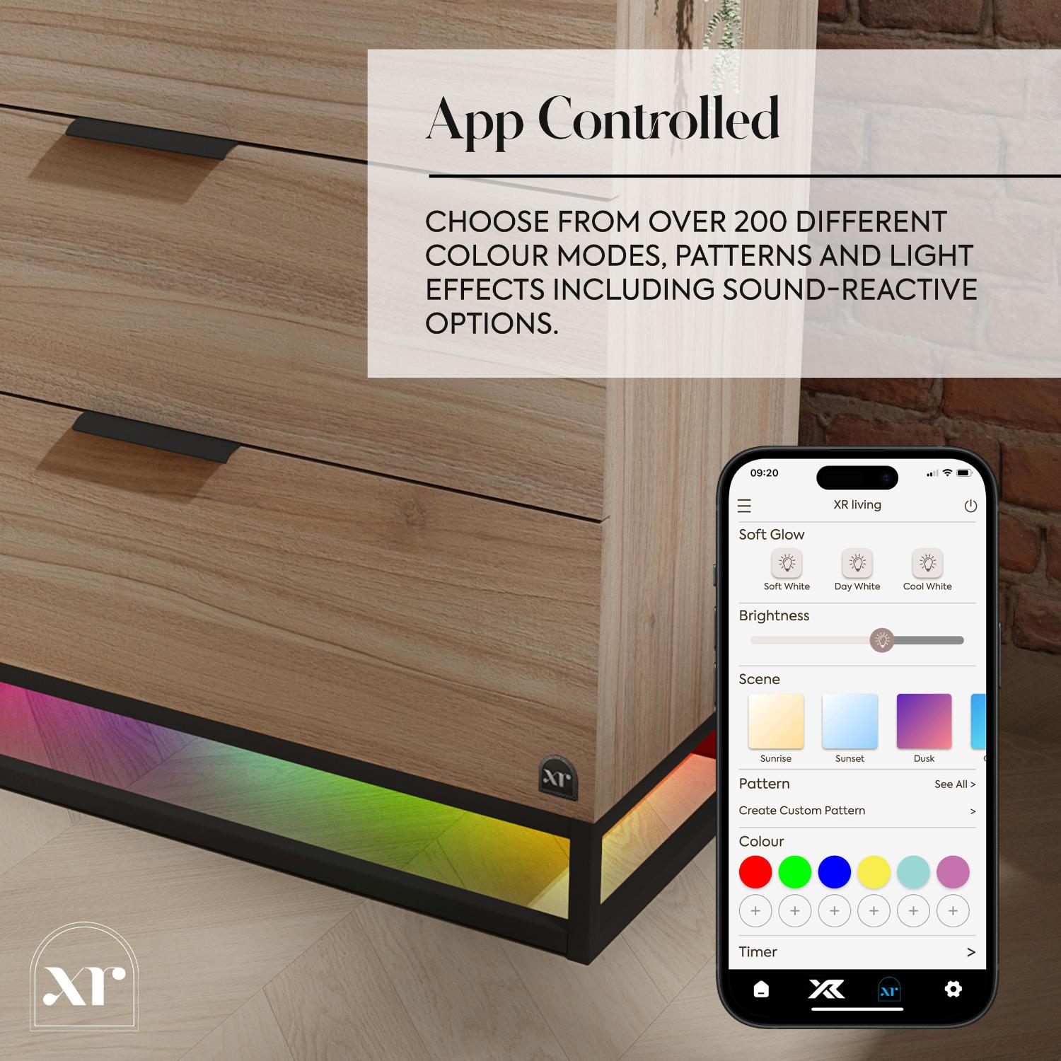 Smart LED strip with app control on a wooden surface