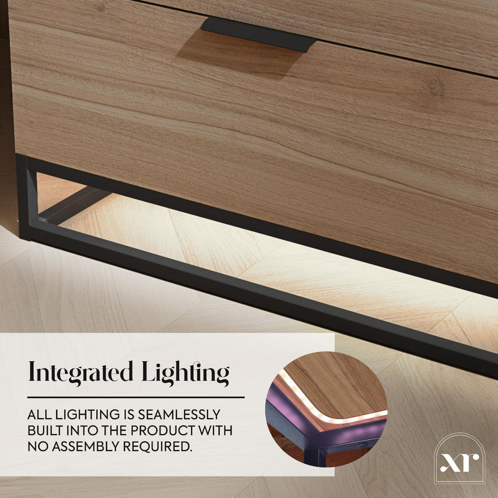 Wooden furniture with integrated lighting feature and XP logo.