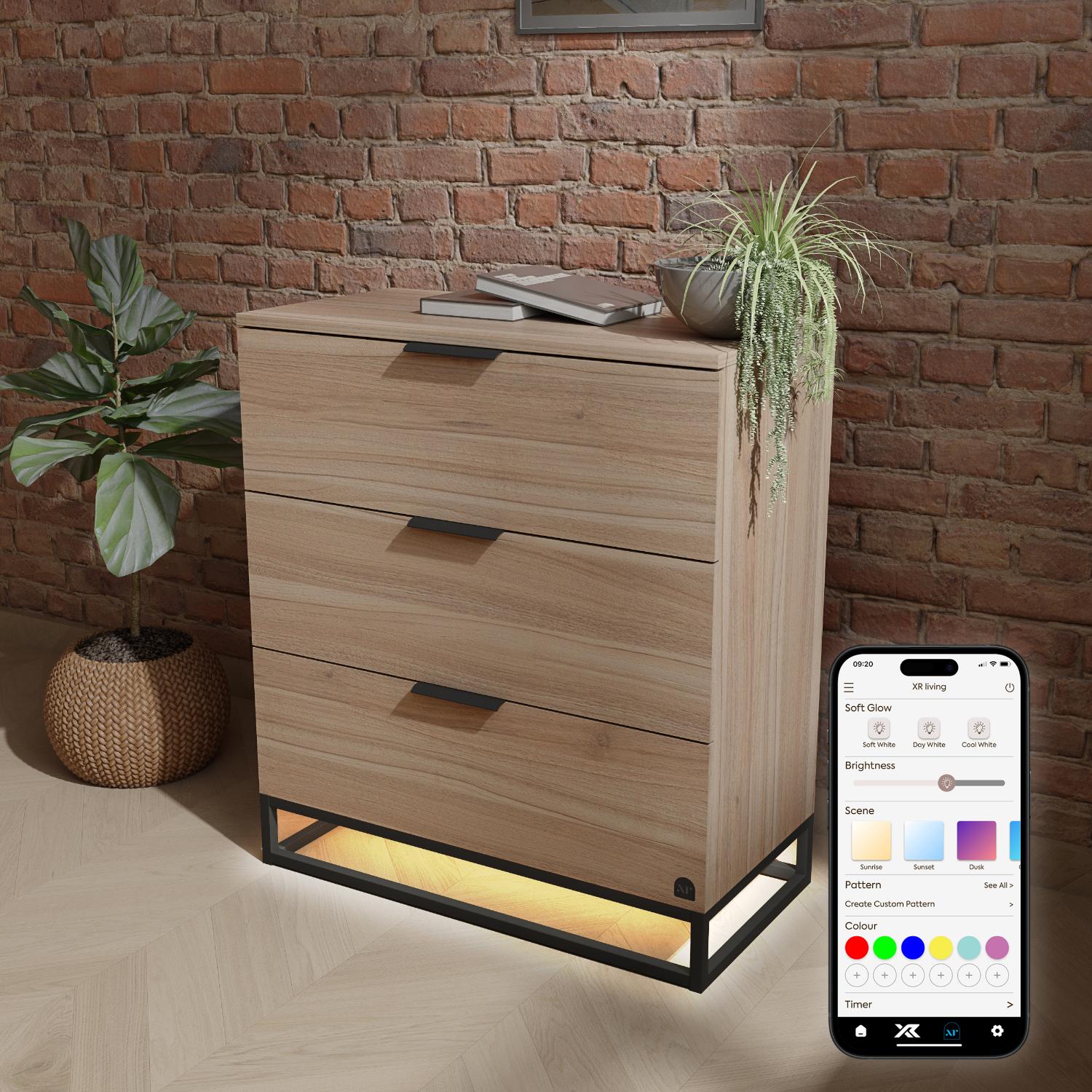 Wooden dresser with LED lighting and smartphone app control against a brick wall.