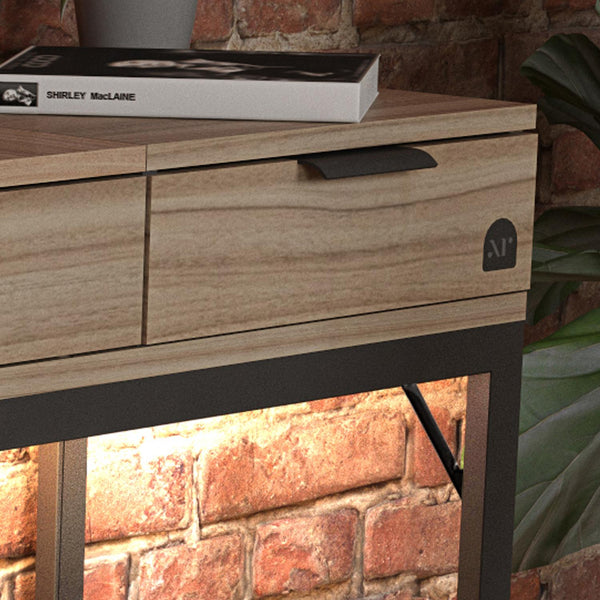Wooden dressing table with a brick wall background