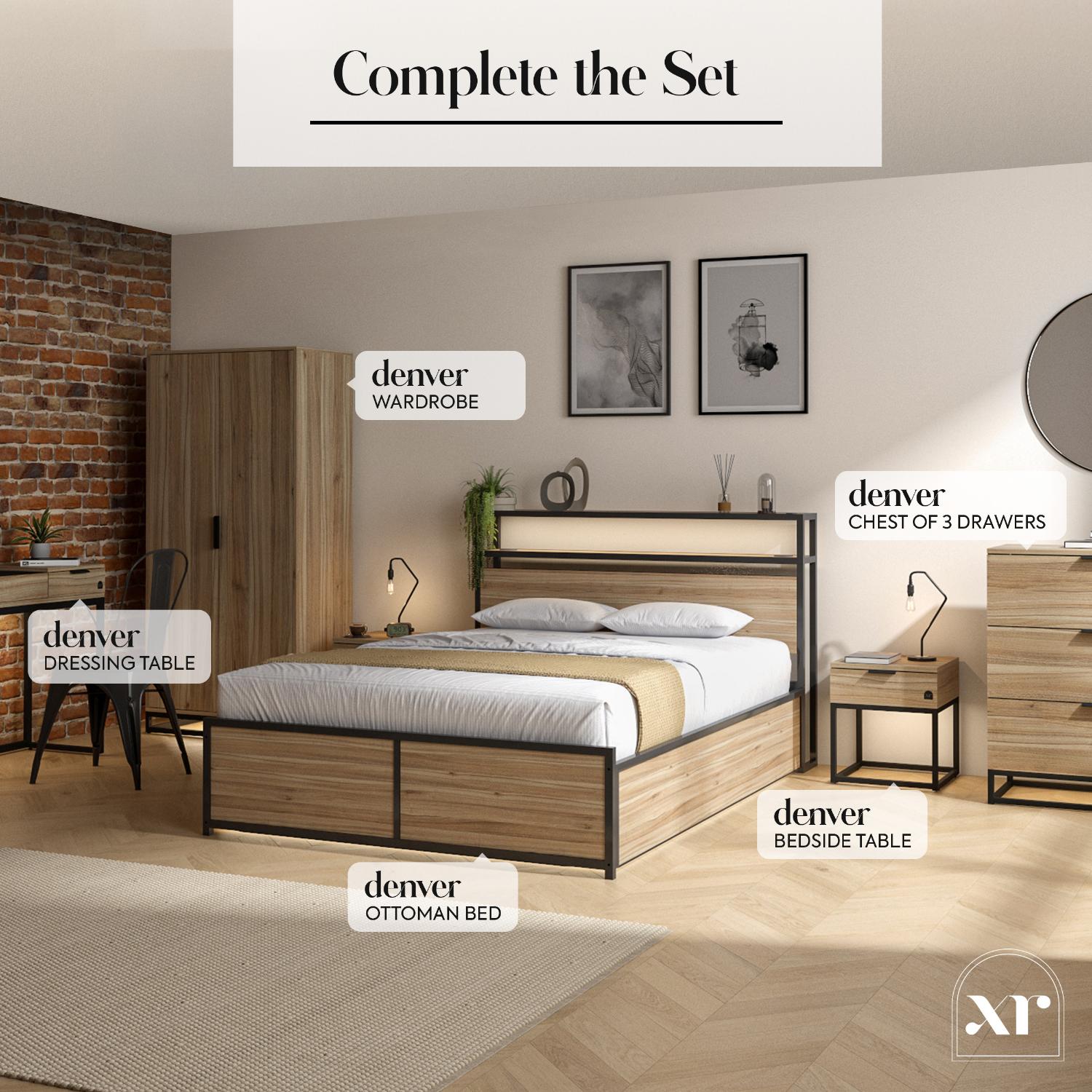 Bedroom set with denver wardrobe, bed, bedside table, and ottoman bed labeled in a room setting.