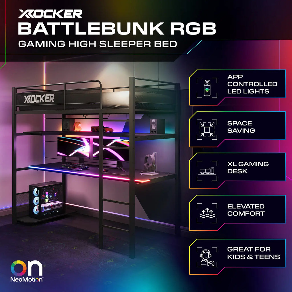 X rocker Battlebunk RGB gaming high sleeper bed with RGB lighting and features listed on a dark background.