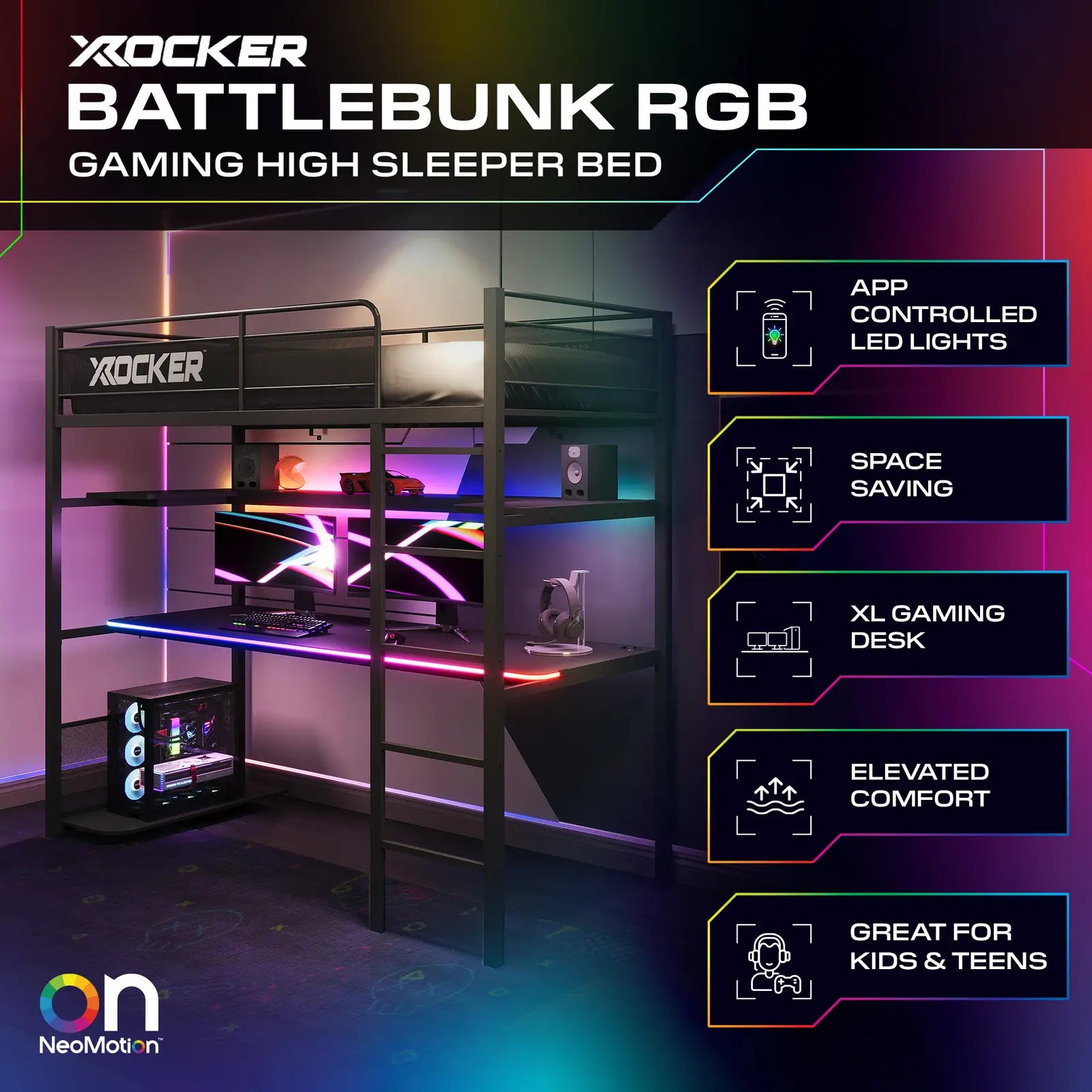 X rocker Battlebunk RGB gaming high sleeper bed with RGB lighting and features listed on a dark background.