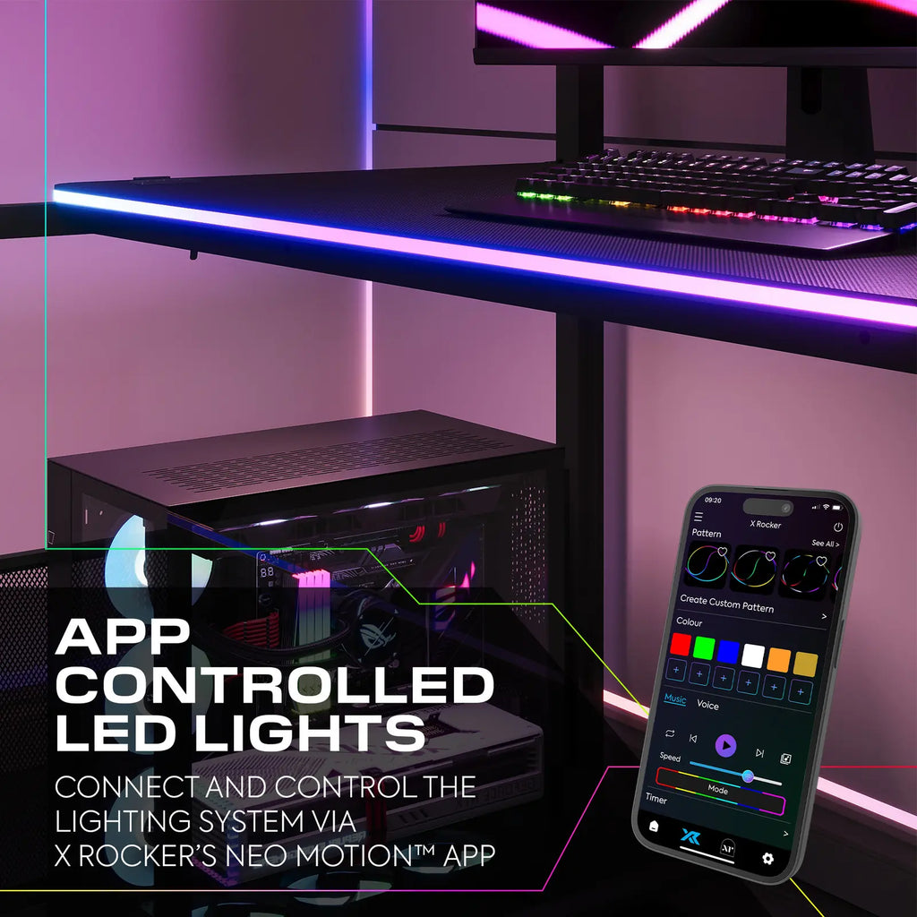 Gaming bed setup with app-controlled LED lights and smartphone displaying app interface.