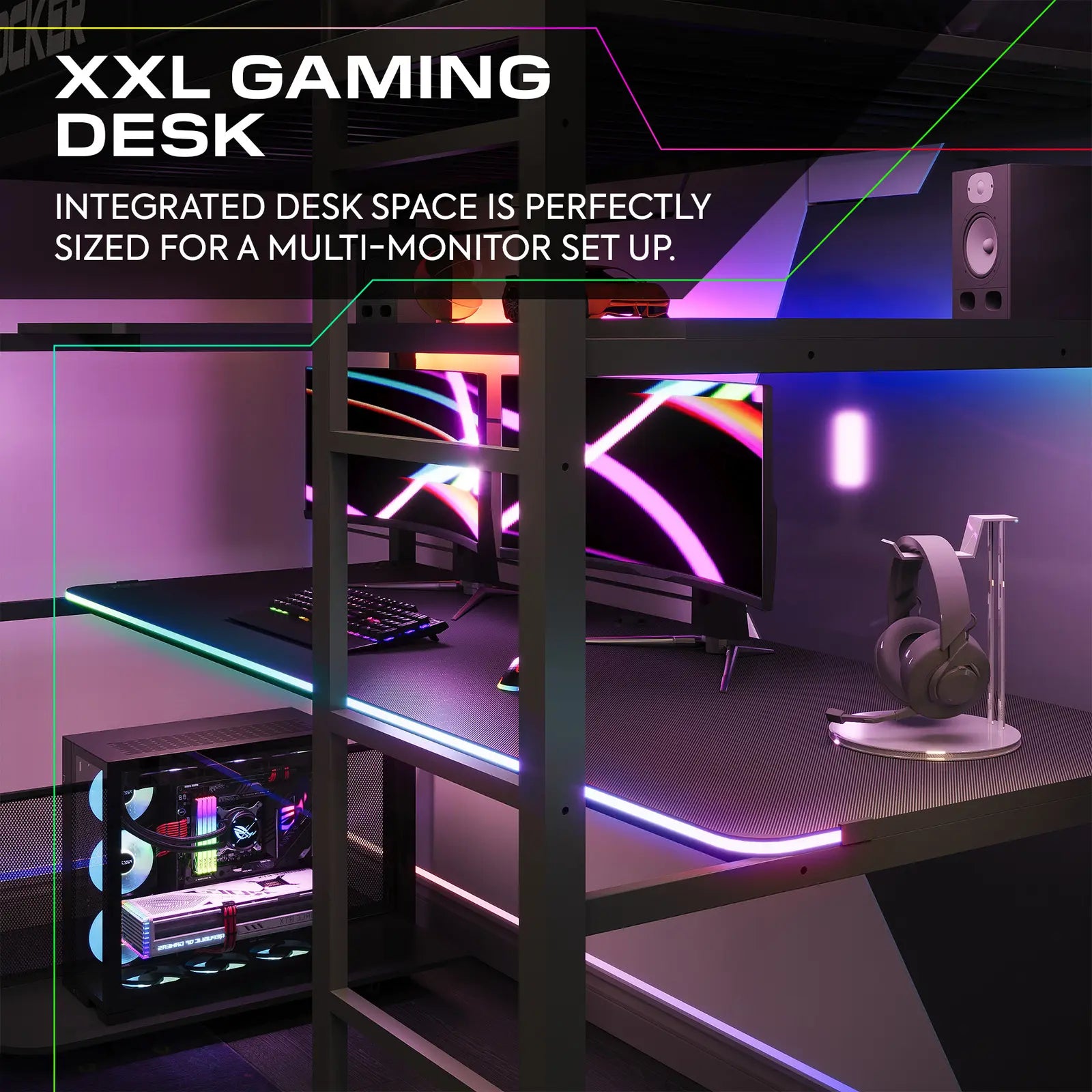 XXL gaming desk with computer setup and text highlighting its features