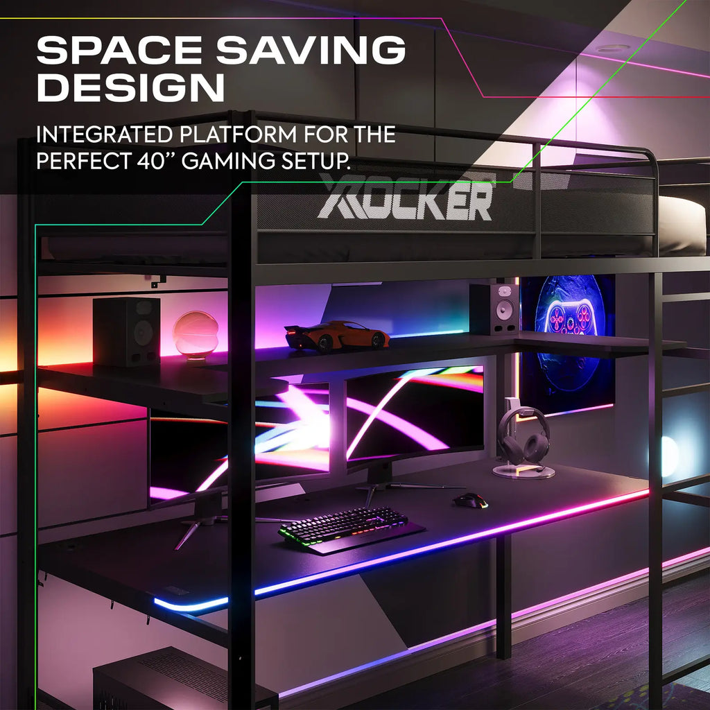 Gaming desk setup with multiple monitors and RGB lighting, featuring the Molek brand.