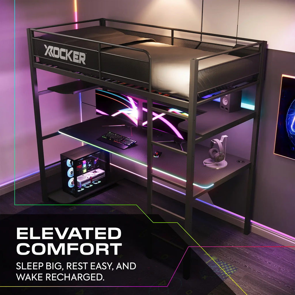 Gaming desk with elevated bed and RGB lighting in a room setting.