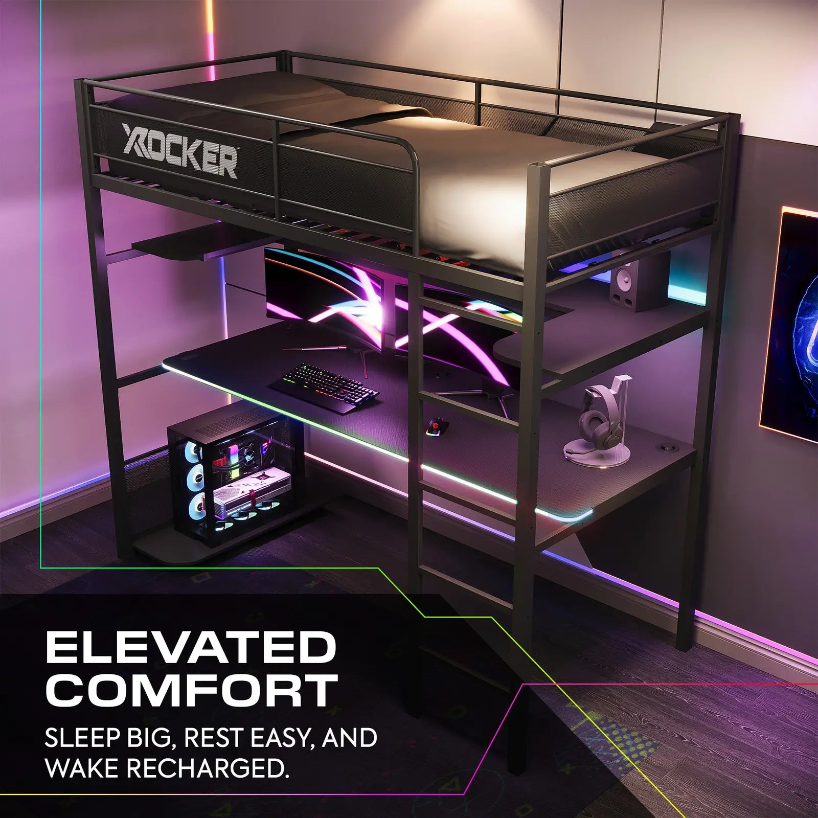 Gaming desk with elevated bed and RGB lighting in a room setting.