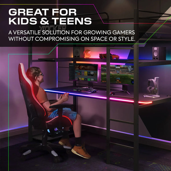 Battlebunk RGB LED High Sleeper Gaming Bunk Bed with Desk