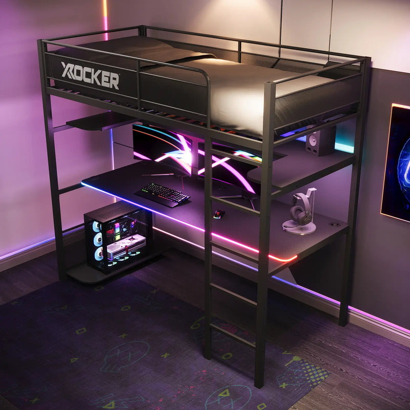 X rocker loft bed with gaming setup in a room with purple lighting