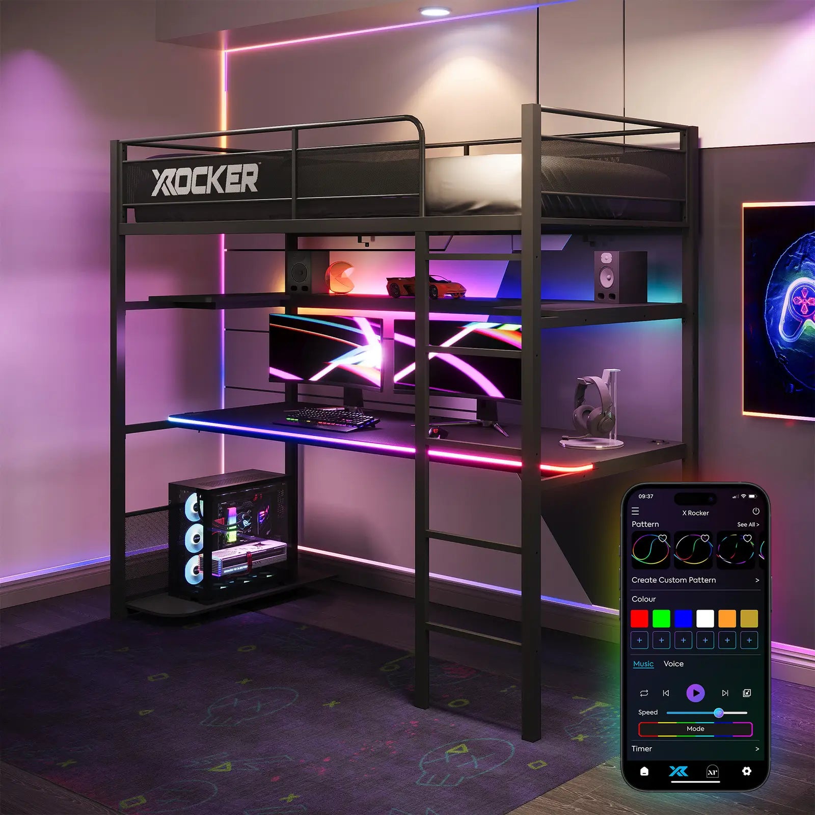Gaming desk with X rocker branding, illuminated with colorful lights, and smartphone app for control.