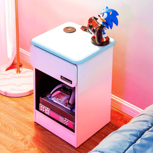 Carbon-Tek LED Bedside Side Table with Wireless Charging and Drawer - White RGB