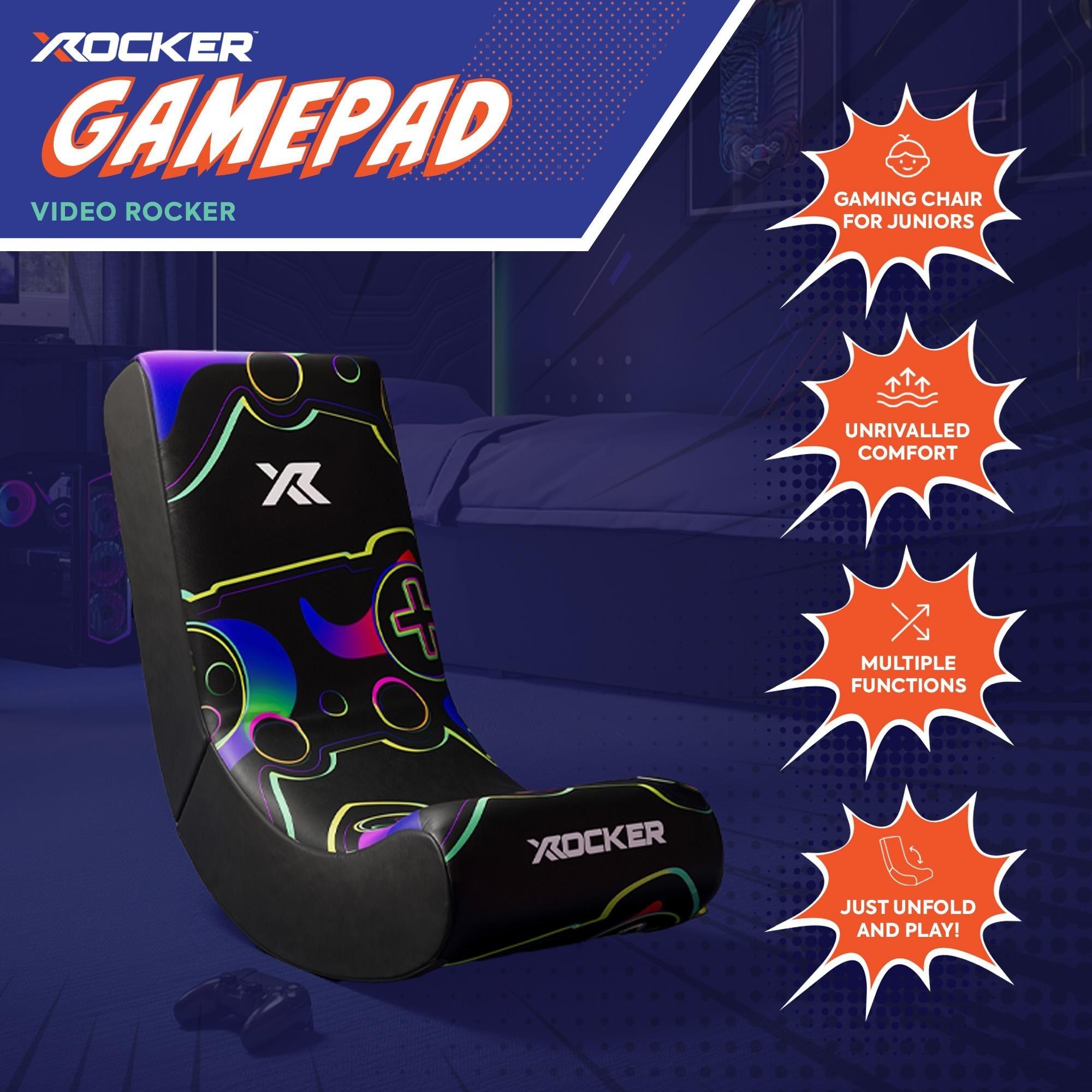 X rocker Gamepad gaming chair with colorful design on a dark blue background