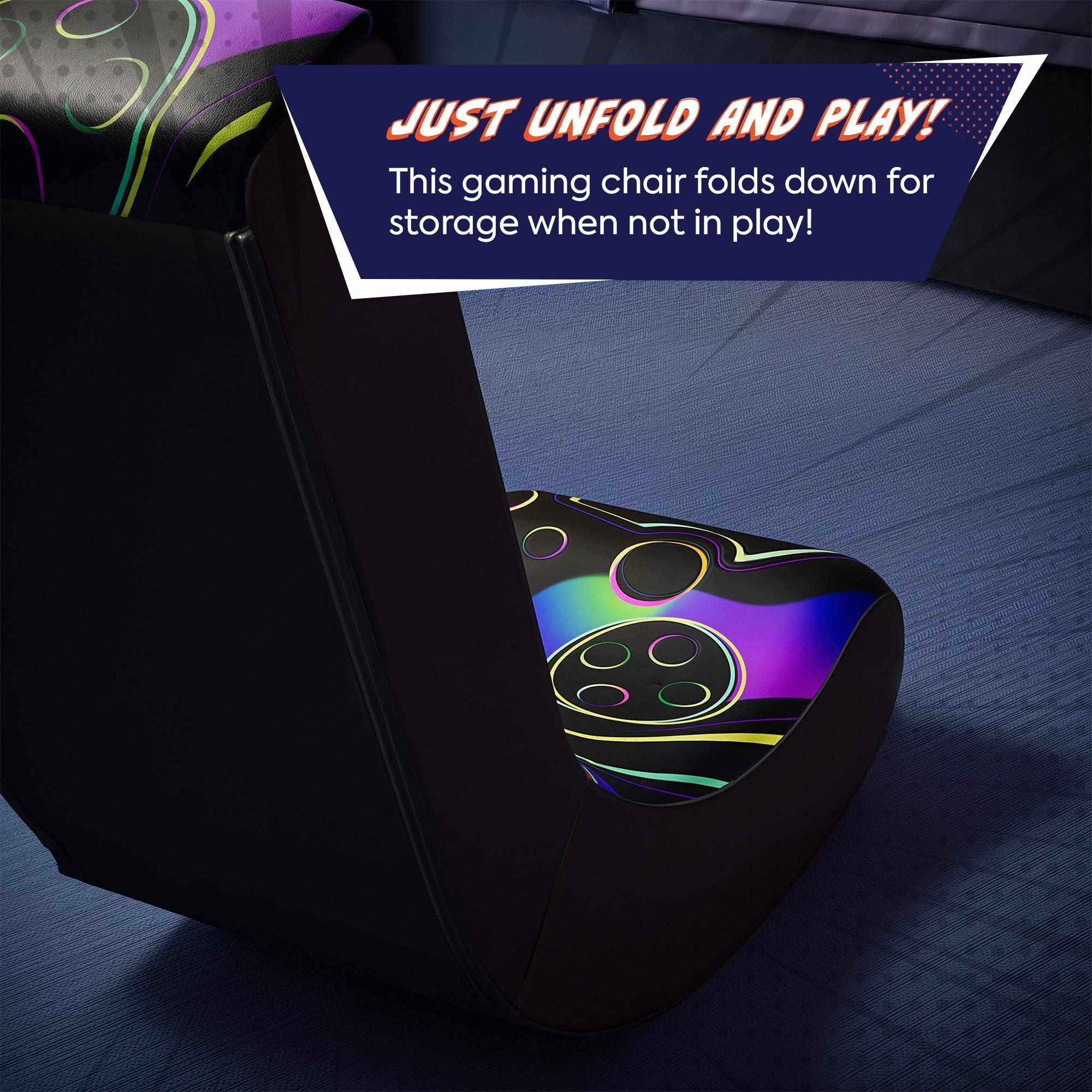Gaming chair with colorful design on a dark surface, featuring text about folding for storage.