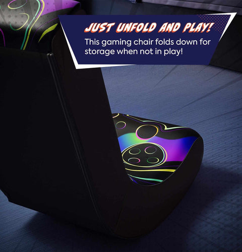 Gaming chair with colorful design on a dark surface, featuring text about folding for storage.