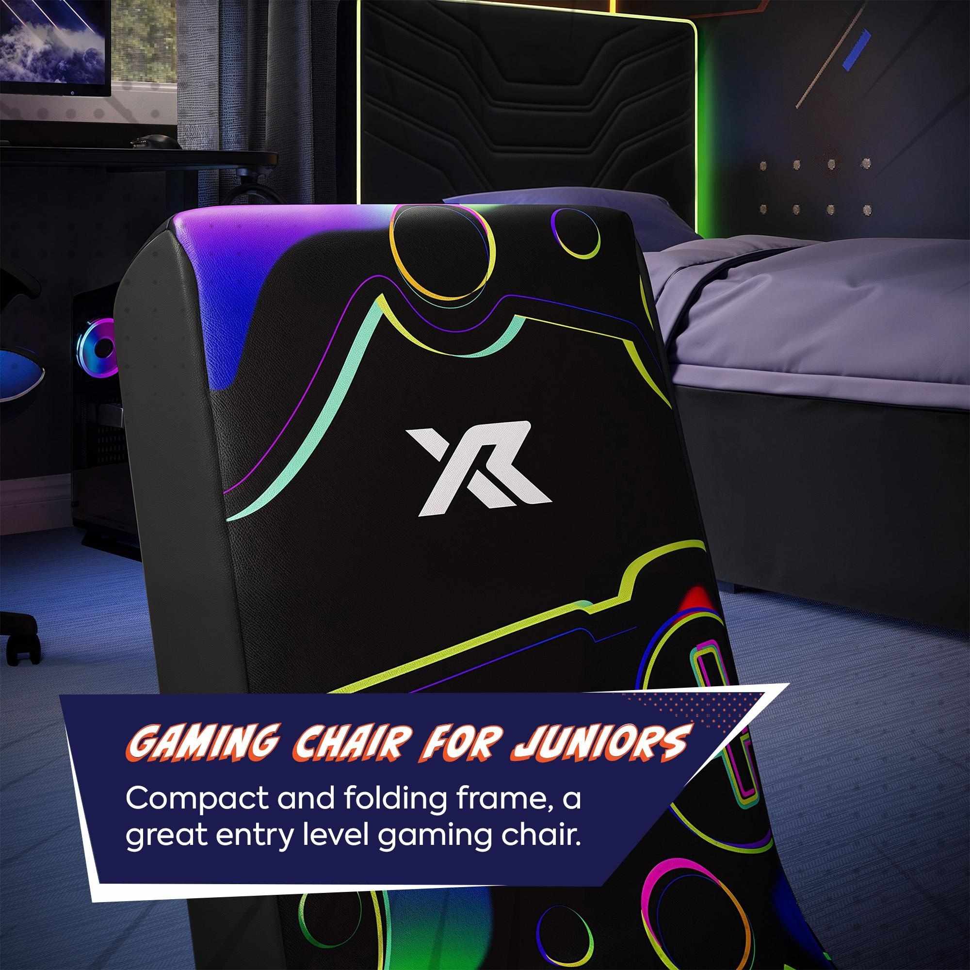Gaming chair with colorful design and brand logo in a room setting.
