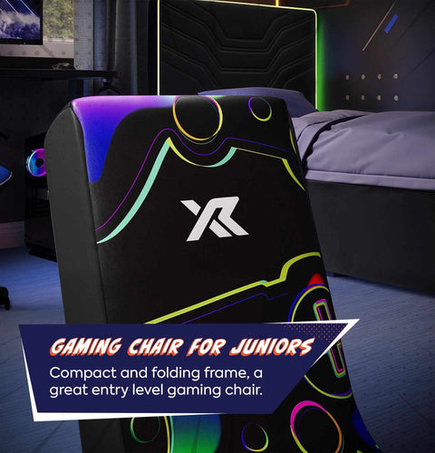 Gaming chair with colorful design and brand logo in a room setting.