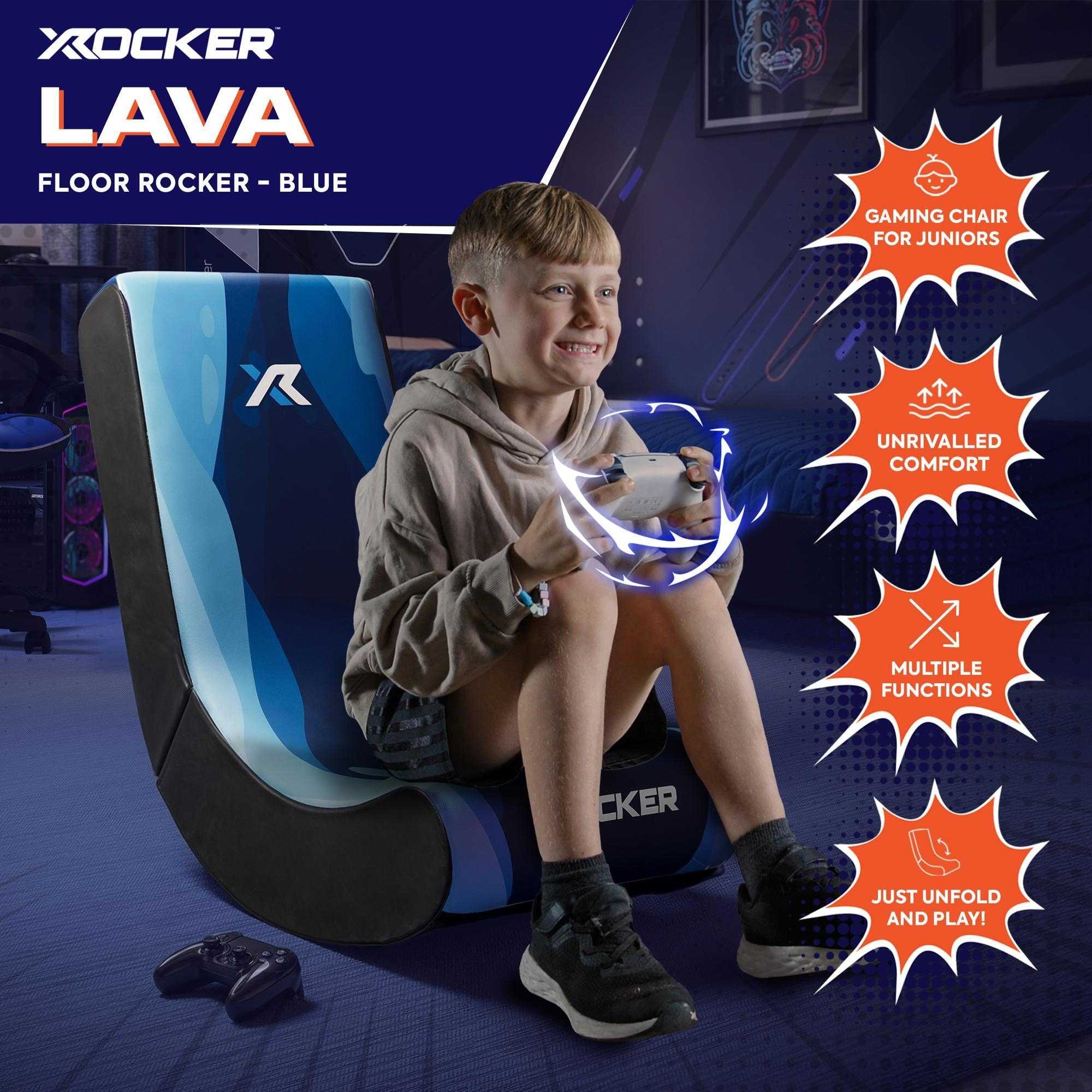 Child sitting on a blue gaming chair with X rocker Lava branding, surrounded by promotional text.