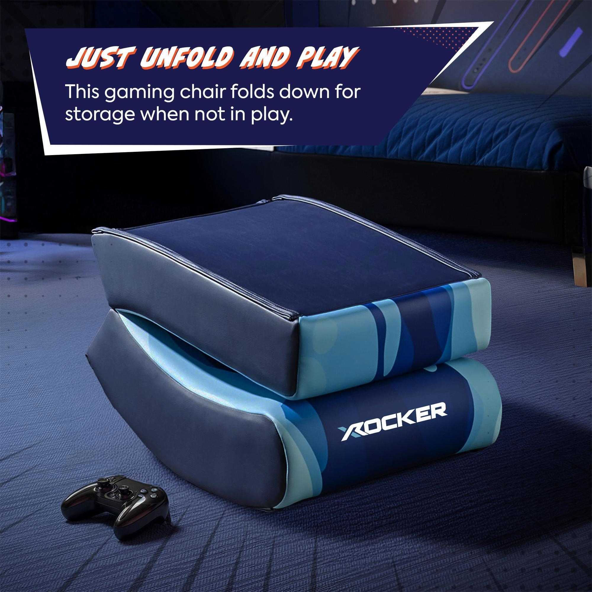 Foldable gaming chair with 'X Rocker' branding on a blue surface, with text about folding for storage.