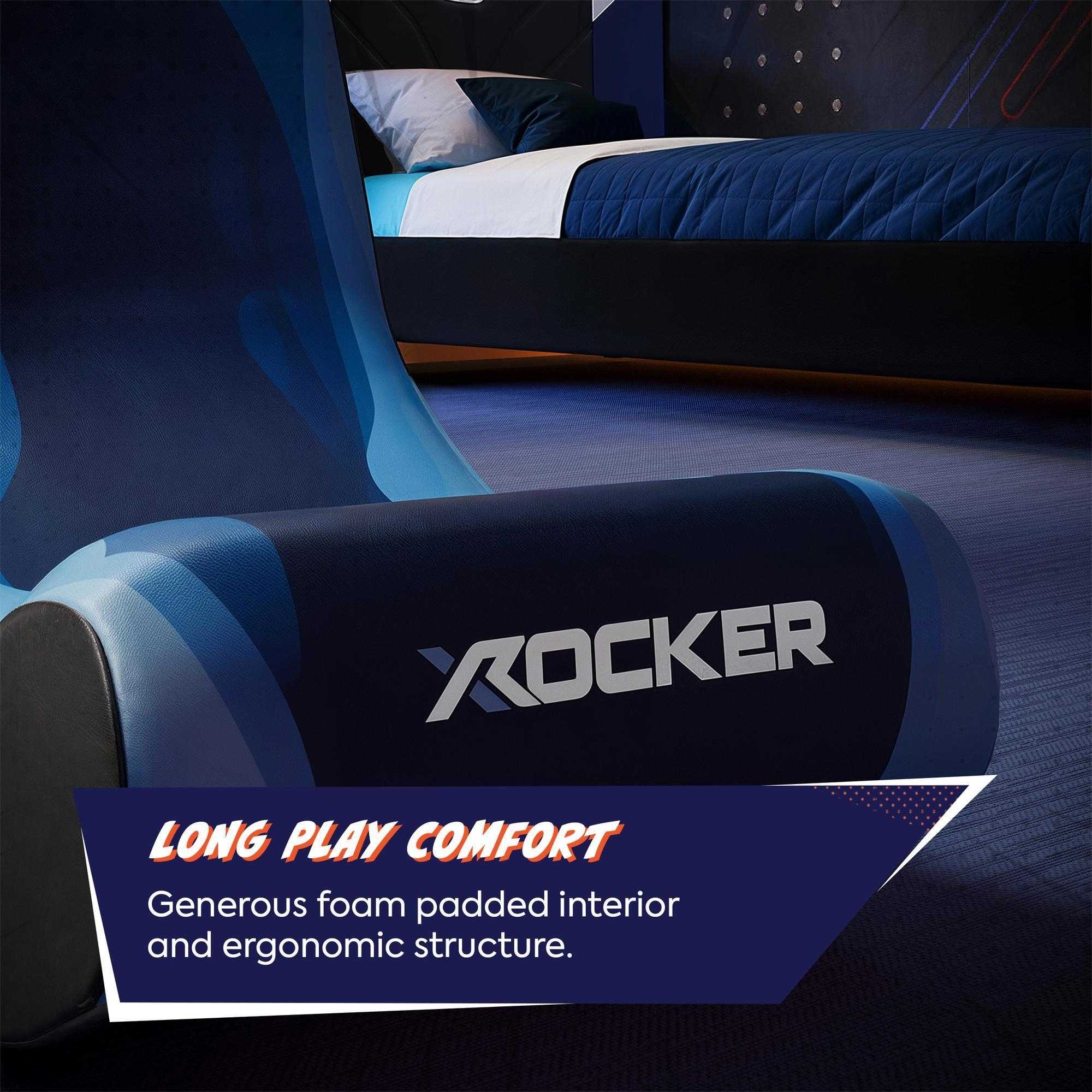 Blue gaming chair with 'X rocker' branding and text about comfort and design.