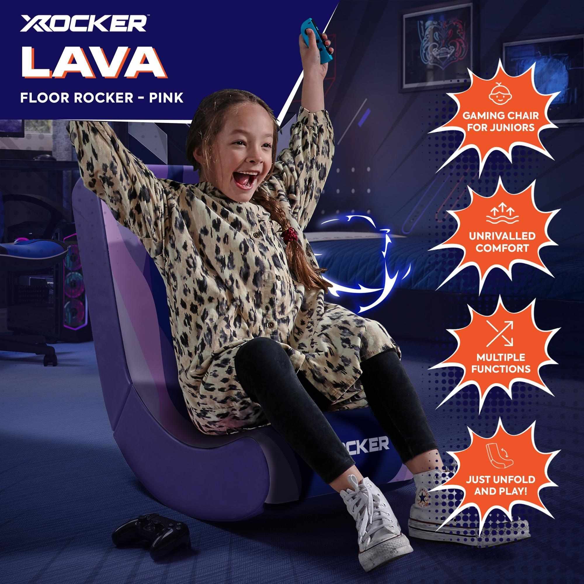 Child sitting on a X rocker Lava floor rocker chair with product features highlighted.