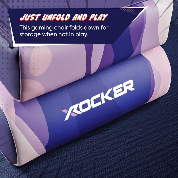 Foldable gaming chair with 'X rocker' branding and text about unfolding and storage.