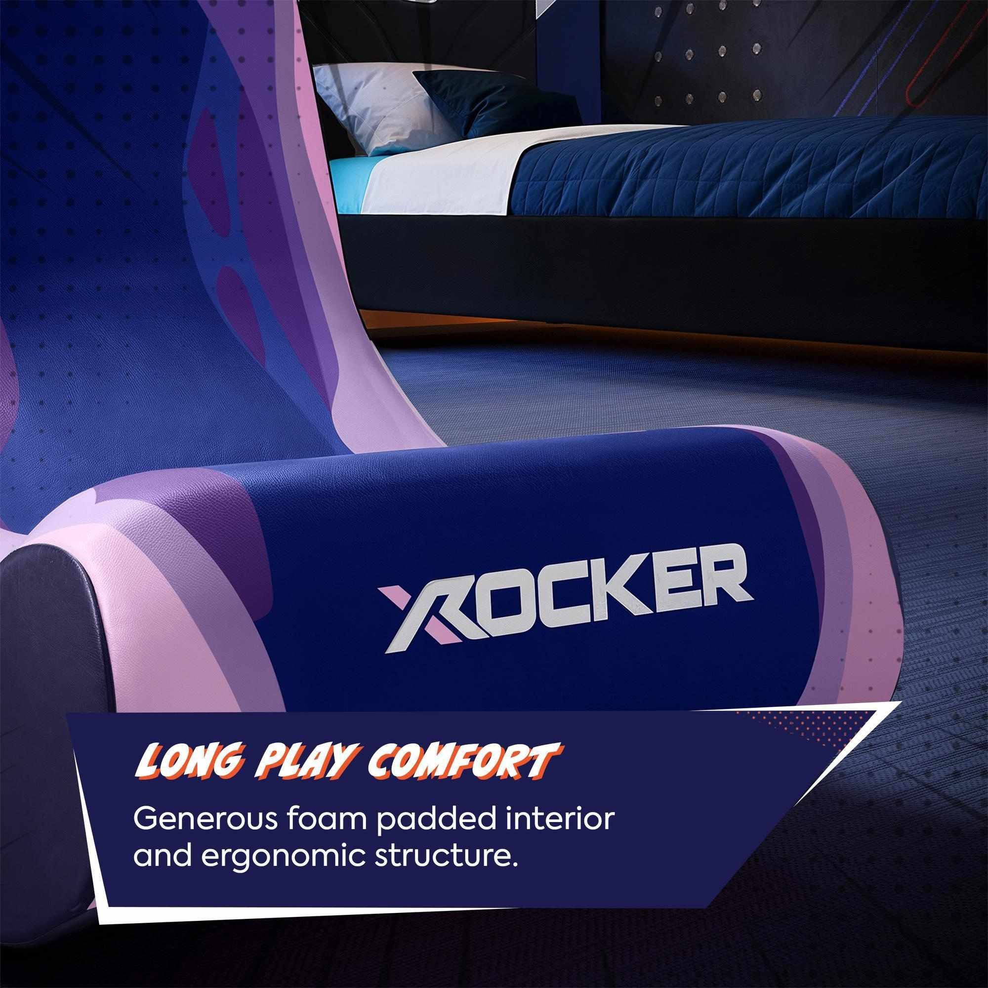 Gaming chair with X rocker branding and text about long play comfort.