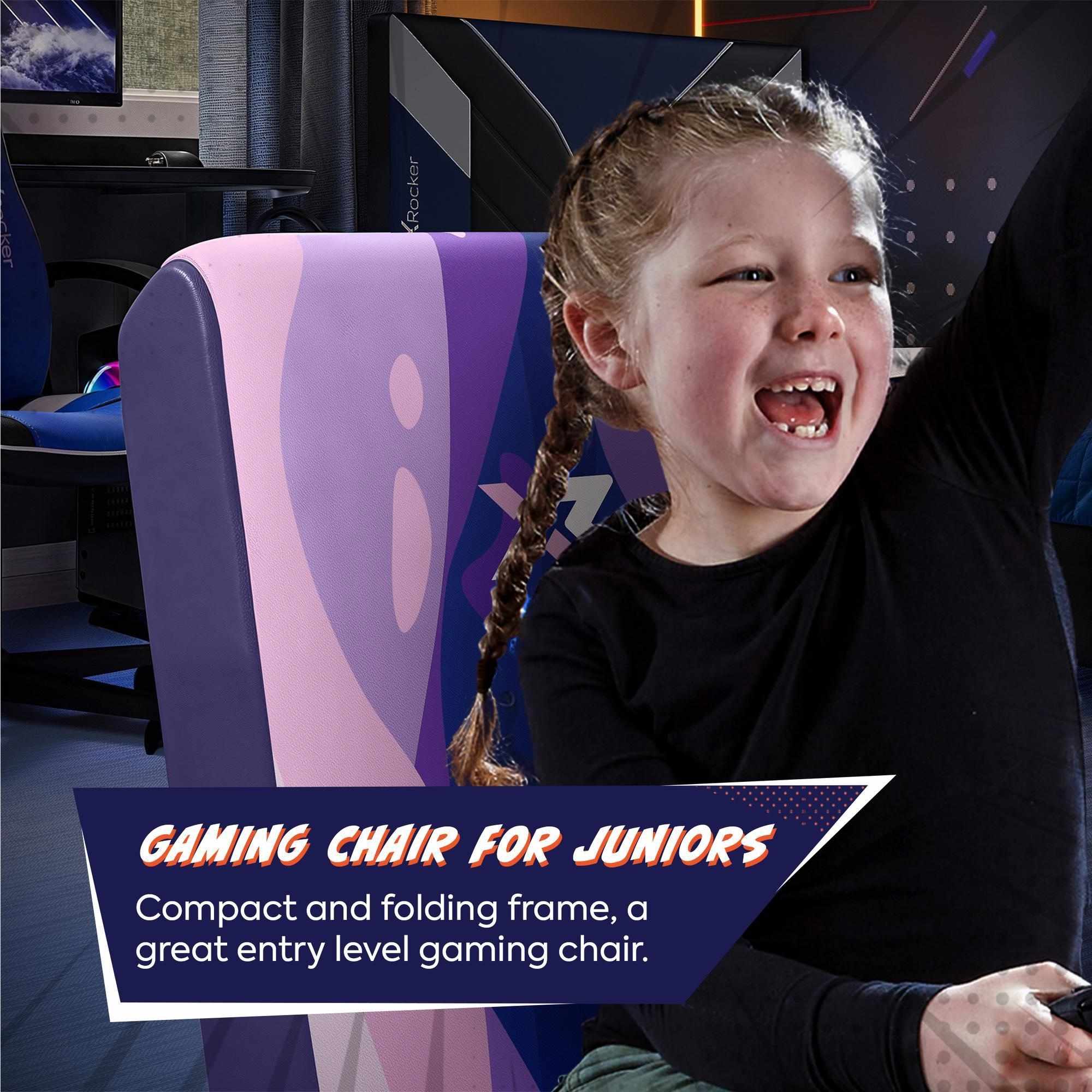 Child sitting on a gaming chair with promotional text about the chair's features.