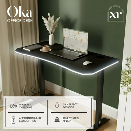 Oka Office Desk with LED Lighting & Charging - Black Ash | XR Living