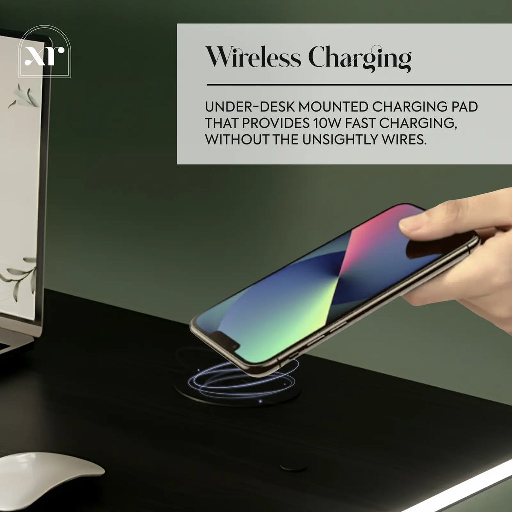 Wireless charging pad on a desk with a phone being charged, text about 10W fast charging.